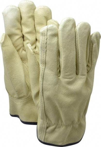 MCR Safety - Size XL (10) Grain Pigskin General Protection Work Gloves - For Work & Driver, Uncoated, Slip-On Cuff, Full Fingered, Yellow/Blue, Paired - Benchmark Tooling
