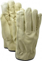 MCR Safety - Size XL (10) Grain Pigskin General Protection Work Gloves - For Work & Driver, Uncoated, Slip-On Cuff, Full Fingered, Yellow/Blue, Paired - Benchmark Tooling
