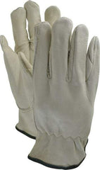 MCR Safety - Size M (8) Grain Cowhide General Protection Work Gloves - For Work & Driver, Uncoated, Slip-On Cuff, Full Fingered, Cream/Green, Paired - Benchmark Tooling