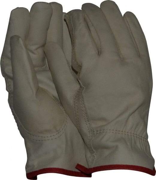 MCR Safety - Size S (7) Grain Cowhide General Protection Work Gloves - For Work & Driver, Uncoated, Slip-On Cuff, Full Fingered, Cream/Red, Paired - Benchmark Tooling