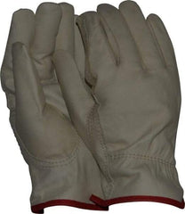 MCR Safety - Size S (7) Grain Cowhide General Protection Work Gloves - For Work & Driver, Uncoated, Slip-On Cuff, Full Fingered, Cream/Red, Paired - Benchmark Tooling