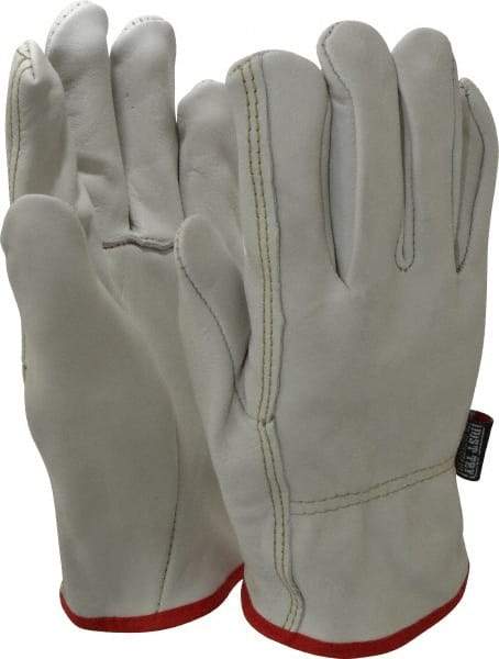 MCR Safety - Size S (7) Grain Cowhide General Protection Work Gloves - For Work & Driver, Uncoated, Slip-On Cuff, Full Fingered, Cream/Red, Paired - Benchmark Tooling