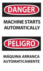 NMC - Accident Prevention Label, Header: DANGER - Legend: Danger - Machine Starts Automatically, English & Spanish, Black, Red & White, 3" Long x 5" High, Sign Muscle Finish - Benchmark Tooling