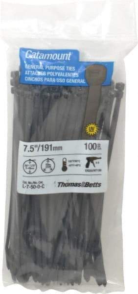 Thomas & Betts - 7-1/2" Long Black Nylon Standard Cable Tie - 50 Lb Tensile Strength, 1.35mm Thick, 5/8" Max Bundle Diam - Benchmark Tooling