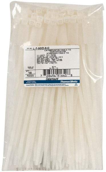 Thomas & Betts - 7-1/2" Long Natural (Color) Nylon Standard Cable Tie - 50 Lb Tensile Strength, 1.34mm Thick, 1-3/4" Max Bundle Diam - Benchmark Tooling