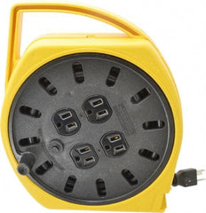 Conductix - 16 AWG, 25' Cable Length, Cord & Cable Reel with Outlet End - 4 Outlets, NEMA 5-15R, 10 Amps, SJT Cable, Yellow Reel - Benchmark Tooling