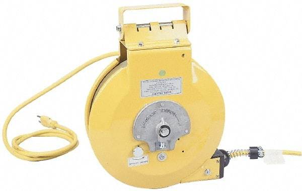 Conductix - 16 AWG, 50' Cable Length, Cord & Cable Reel with Fluorescent Hand Lamp End - 0 Outlets, 10 Amps, SOOW-A Cable, Yellow Reel, Spring Driven Reel - Benchmark Tooling