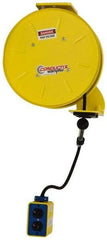 Conductix - 16 AWG, 25' Cable Length, Cord & Cable Reel with Outlet End - 3 Outlets, NEMA 5-15R, 10 Amps, 125 Volts, SOOW-A Cable, Yellow Reel, Spring Driven Reel - Benchmark Tooling