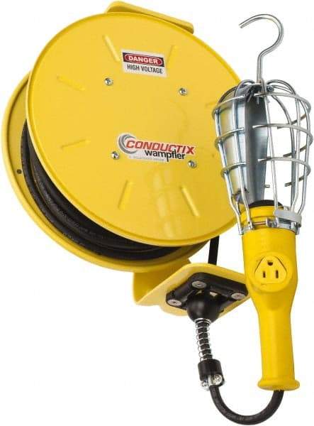 Conductix - 16 AWG, 25' Cable Length, Cord & Cable Reel with Incandescent Hand Lamp End - 1 Outlet, NEMA 5-15R, 10 Amps, 125 Volts, SOOW-A Cable, Yellow Reel, Spring Driven Reel - Benchmark Tooling