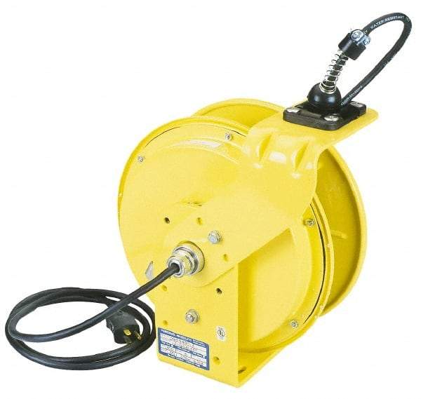 Conductix - 16 AWG, 35' Cable Length, Cord & Cable Reel with Outlet End - 3 Outlets, NEMA 5-15R, 10 Amps, 125 Volts, SOOW-A Cable, Yellow Reel, Spring Driven Reel - Benchmark Tooling