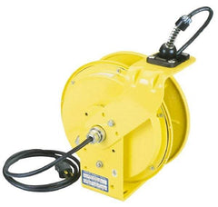 Conductix - 16 AWG, 35' Cable Length, Cord & Cable Reel with Outlet End - 3 Outlets, NEMA 5-15R, 10 Amps, 125 Volts, SOOW-A Cable, Yellow Reel, Spring Driven Reel - Benchmark Tooling