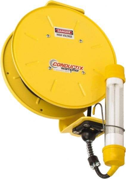 Conductix - 16 AWG, 35' Cable Length, Cord & Cable Reel with Fluorescent Hand Lamp End - 0 Outlets, 10 Amps, SOOW-A Cable, Yellow Reel, Spring Driven Reel - Benchmark Tooling