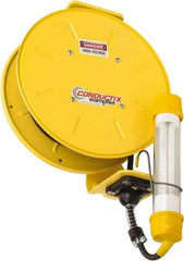 Conductix - 16 AWG, 35' Cable Length, Cord & Cable Reel with Fluorescent Hand Lamp End - 0 Outlets, 10 Amps, SOOW-A Cable, Yellow Reel, Spring Driven Reel - Benchmark Tooling