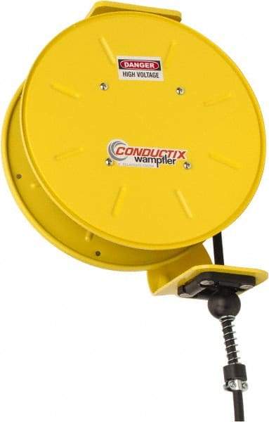 Conductix - 16 AWG, 50' Cable Length, Cord & Cable Reel with Bare End - 3 Outlets, NEMA 5-15R, 10 Amps, 110 Volts, SOOW-A Cable, Yellow Reel, Spring Driven Reel - Benchmark Tooling