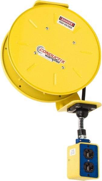 Conductix - 16 AWG, 50' Cable Length, Cord & Cable Reel with Outlet End - 3 Outlets, NEMA 5-15R, 10 Amps, 125 Volts, SOOW-A Cable, Yellow Reel, Spring Driven Reel - Benchmark Tooling