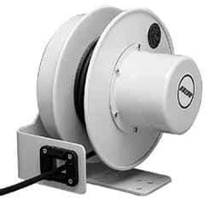 Conductix - 14 AWG, 50' Cable Length, Cord & Cable Reel with Bare End - 4 Outlets, NEMA 5-15R, 12 Amps, SEOW-A Cable, Yellow Reel, Spring Driven Reel - Benchmark Tooling