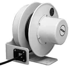 Conductix - 12 AWG, 50' Cable Length, Cord & Cable Reel with Bare End - 4 Outlets, NEMA 5-15R, 16 Amps, SEOW-A Cable, Yellow Reel, Spring Driven Reel - Benchmark Tooling