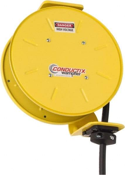 Conductix - 12 AWG, 20' Cable Length, Cord & Cable Reel with Bare End - 3 Outlets, NEMA 5-20R, 20 Amps, SEOW-A Cable, Yellow Reel, Spring Driven Reel - Benchmark Tooling