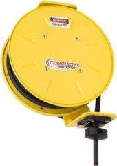 Conductix - 12 AWG, 30' Cable Length, Cord & Cable Reel with Bare End - 3 Outlets, NEMA 5-20R, 20 Amps, SEOW-A Cable, Yellow Reel, Spring Driven Reel - Benchmark Tooling