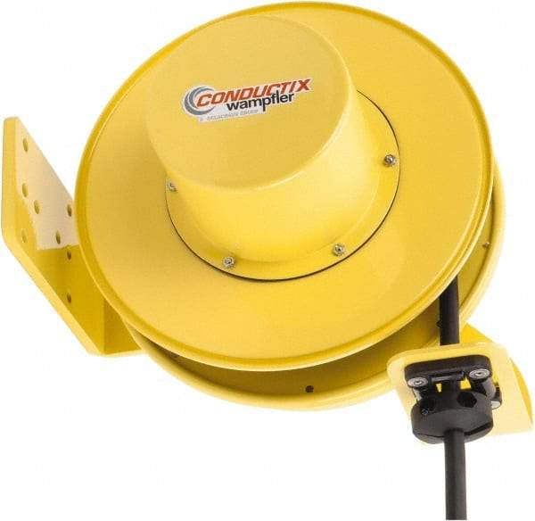 Conductix - 10 AWG, 30' Cable Length, Cord & Cable Reel with Bare End - 3 Outlets, NEMA 5-20R, 25 Amps, SEOW-A Cable, Yellow Reel, Spring Driven Reel - Benchmark Tooling