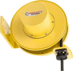 Conductix - 10 AWG, 30' Cable Length, Cord & Cable Reel with Bare End - 3 Outlets, NEMA 5-20R, 25 Amps, SEOW-A Cable, Yellow Reel, Spring Driven Reel - Benchmark Tooling