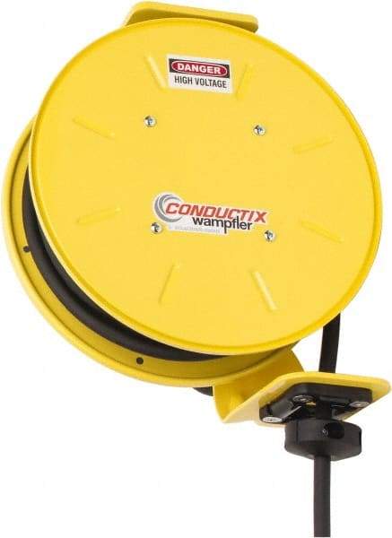 Conductix - 14 AWG, 40' Cable Length, Cord & Cable Reel with Bare End - 3 Outlets, NEMA 5-15R, 15 Amps, SEOW-A Cable, Yellow Reel, Spring Driven Reel - Benchmark Tooling