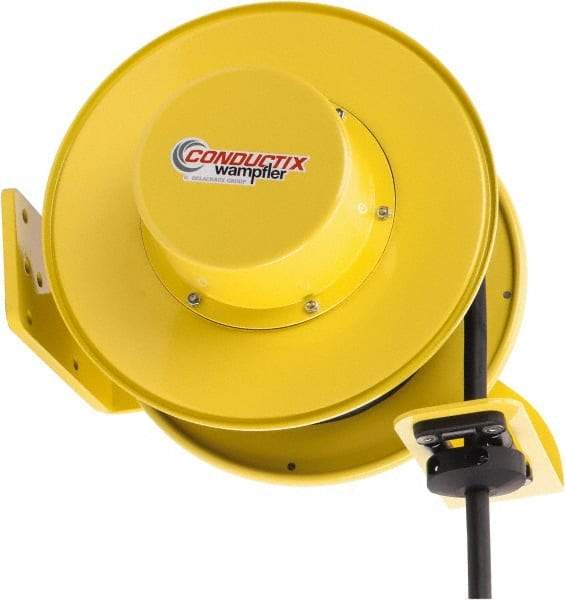 Conductix - 12 AWG, 40' Cable Length, Cord & Cable Reel with Bare End - 3 Outlets, NEMA 5-20R, 20 Amps, SEOW-A Cable, Yellow Reel, Spring Driven Reel - Benchmark Tooling