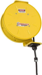 Conductix - 16 AWG, 20' Cable Length, Cord & Cable Reel with Bare End - 4 Outlets, NEMA 5-15R, 8 Amps, SEOW-A Cable, Yellow Reel, Spring Driven Reel - Benchmark Tooling