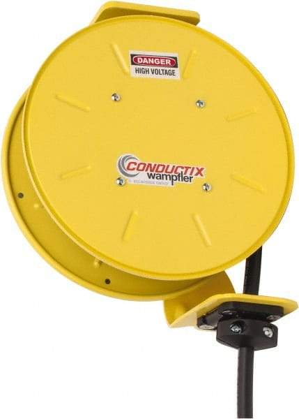 Conductix - 14 AWG, 20' Cable Length, Cord & Cable Reel with Bare End - 4 Outlets, NEMA 5-15R, 12 Amps, SEOW-A Cable, Yellow Reel, Spring Driven Reel - Benchmark Tooling