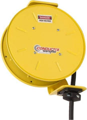 Conductix - 12 AWG, 20' Cable Length, Cord & Cable Reel with Bare End - 4 Outlets, NEMA 5-15R, 16 Amps, SEOW-A Cable, Yellow Reel, Spring Driven Reel - Benchmark Tooling