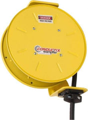 Conductix - 14 AWG, 30' Cable Length, Cord & Cable Reel with Bare End - 4 Outlets, NEMA 5-15R, 12 Amps, SEOW-A Cable, Yellow Reel, Spring Driven Reel - Benchmark Tooling