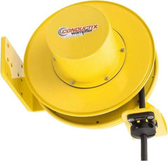 Conductix - 10 AWG, 30' Cable Length, Cord & Cable Reel with Bare End - 4 Outlets, NEMA 5-20R, 20 Amps, SEOW-A Cable, Yellow Reel, Spring Driven Reel - Benchmark Tooling