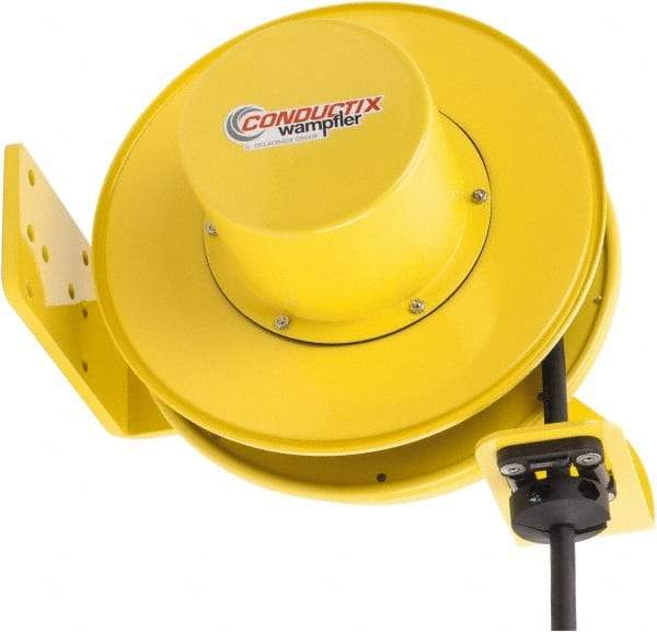 Conductix - 14 AWG, 40' Cable Length, Cord & Cable Reel with Bare End - 4 Outlets, NEMA 5-15R, 12 Amps, SEOW-A Cable, Yellow Reel, Spring Driven Reel - Benchmark Tooling