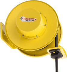 Conductix - 12 AWG, 40' Cable Length, Cord & Cable Reel with Bare End - 4 Outlets, NEMA 5-15R, 16 Amps, SEOW-A Cable, Yellow Reel, Spring Driven Reel - Benchmark Tooling