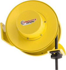 Conductix - 10 AWG, 50' Cable Length, Cord & Cable Reel with Bare End - 4 Outlets, NEMA 5-20R, 20 Amps, SEOW-A Cable, Yellow Reel, Spring Driven Reel - Benchmark Tooling