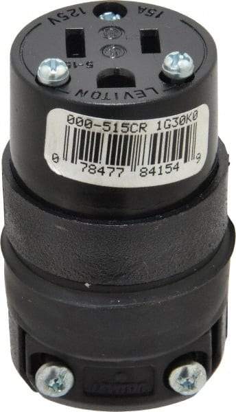 Leviton - 125 VAC, 15 Amp, 5-15R NEMA, Straight, Self Grounding, Residential Grade Connector - 2 Pole, 3 Wire, 1 Phase, Rubber, Black - Benchmark Tooling