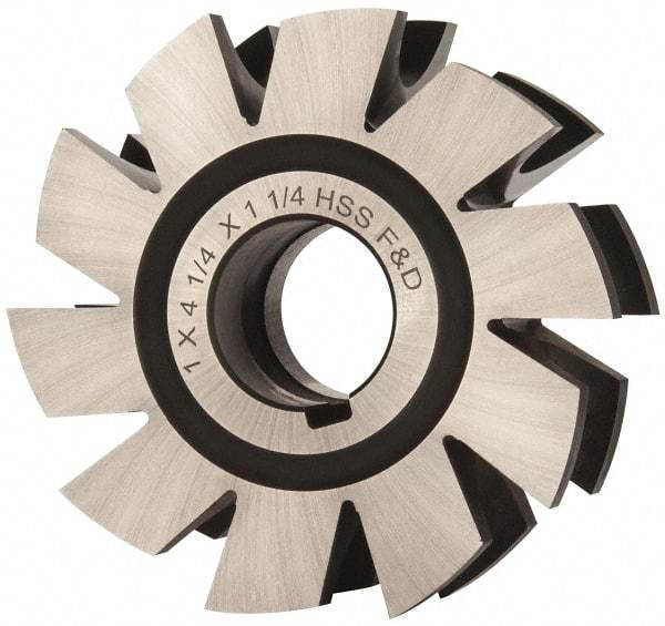 Made in USA - 1/2" Radius, 1" Circle Diam, 4-1/4" Diam x 1.572" Wide Cut, High Speed Steel Concave Radius Cutter - 4-1/4" OAL, Arbor Connection, Uncoated, Form Relieved, 10 Teeth - Benchmark Tooling