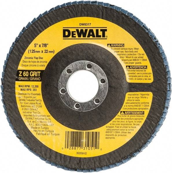 DeWALT - 60 Grit, 5" Disc Diam, 7/8" Center Hole, Type 29 Zirconia Alumina Flap Disc - 12,200 Max RPM, Fiberglass Backing, Arbor Attaching System, Coated - Benchmark Tooling