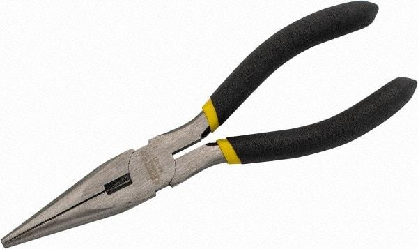 Stanley - 6-3/4" OAL, 2-3/16" Jaw Length x 25/32" Jaw Width, Long Nose Side Cutting Needle Nose Pliers - Serrated Jaw, Cushion Grip Handles - Benchmark Tooling