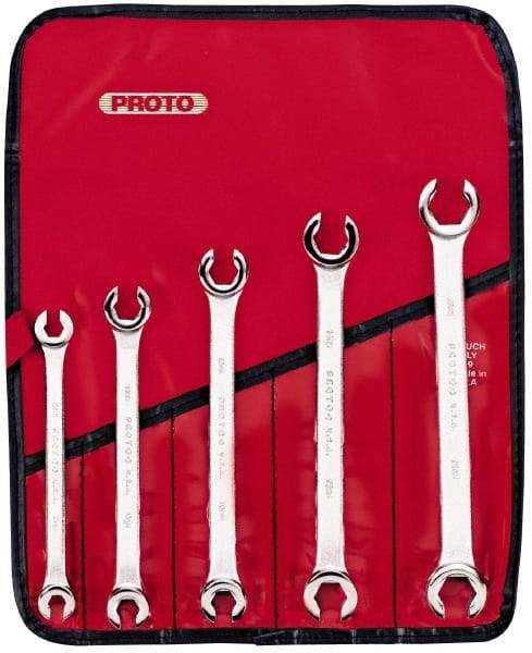 Proto - 5 Piece, 7mm x 8mm to 15mm x 17mm, 12 Point Flare Nut Wrench Set - Metric Measurement Standard, Satin Finish, Comes in Pouch - Benchmark Tooling