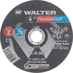 WALTER Surface Technologies - 6" 30 Grit Aluminum Oxide Cutoff Wheel - 3/32" Thick, 7/8" Arbor, 10,200 Max RPM, Use with Angle Grinders - Benchmark Tooling