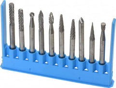 Made in USA - 10 Piece, 1/8" Shank Burr Set - Tungsten Carbide - Benchmark Tooling