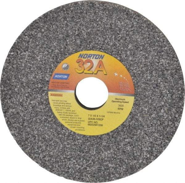 Norton - 7" Diam x 1-1/4" Hole x 1/2" Thick, I Hardness, 46 Grit Surface Grinding Wheel - Aluminum Oxide, Type 1, Coarse Grade, 3,600 Max RPM, Vitrified Bond, No Recess - Benchmark Tooling