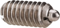 Gibraltar - 1/4-20, 17/32" Thread Length, 0.078" Plunger Projection, Stainless Steel Threaded Spring Plunger - 0.119" Max Plunger Diam, 0.531" Plunger Length, 3 Lb Init End Force, 10.5 Lb Final End Force - Benchmark Tooling