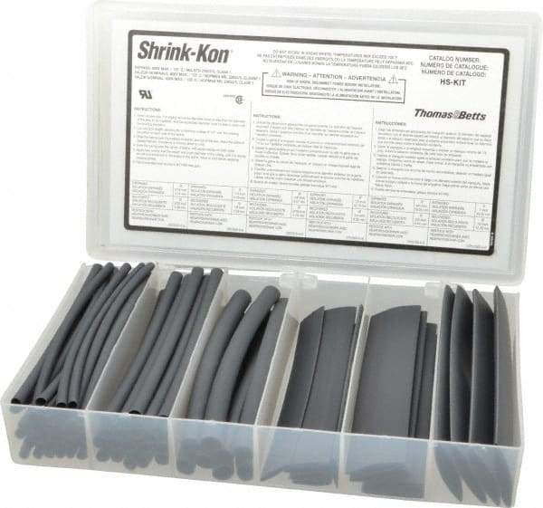 Thomas & Betts - 74 Piece, Black, Heat Shrink Electrical Tubing Kit - 2:1 Shrink Ratio, Flame Retardant, Polyolefin - Benchmark Tooling