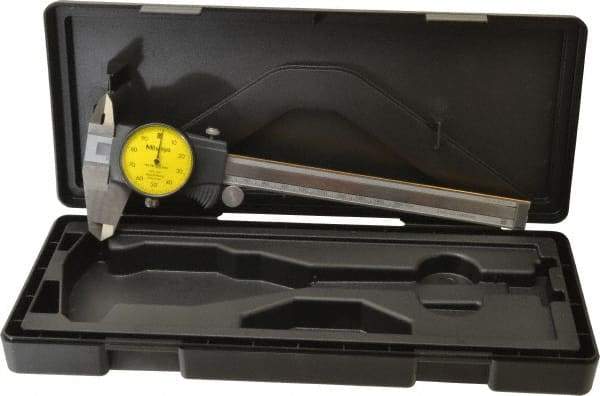 Mitutoyo - 0mm to 150mm Range, 0.01 mm Graduation, 1mm per Revolution, Dial Caliper - Yellow Face, 40mm Jaw Length, Accurate to 0.03mm - Benchmark Tooling