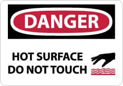 NMC - Accident Prevention Label, Header: DANGER - Legend: Danger - Hot Surface - Do Not Touch, English, Red, Black & White, 5" Long x 3" High, Sign Muscle Finish - Benchmark Tooling