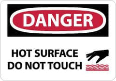 NMC - Accident Prevention Label, Header: DANGER - Legend: Danger - Hot Surface - Do Not Touch, English, Red, Black & White, 5" Long x 3" High, Sign Muscle Finish - Benchmark Tooling