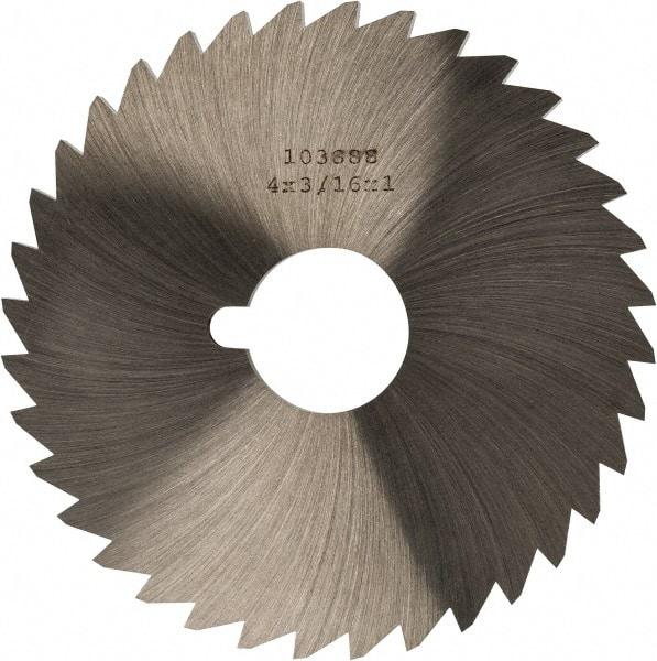 Made in USA - 4" Diam x 3/16" Blade Thickness x 1" Arbor Hole Diam, 36 Tooth Slitting and Slotting Saw - Arbor Connection, Right Hand, Uncoated, High Speed Steel, Concave Ground, Contains Keyway - Benchmark Tooling