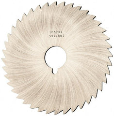 Made in USA - 5" Diam x 1/8" Blade Thickness x 1" Arbor Hole Diam, 40 Tooth Slitting and Slotting Saw - Arbor Connection, Right Hand, Uncoated, High Speed Steel, Concave Ground, Contains Keyway - Benchmark Tooling